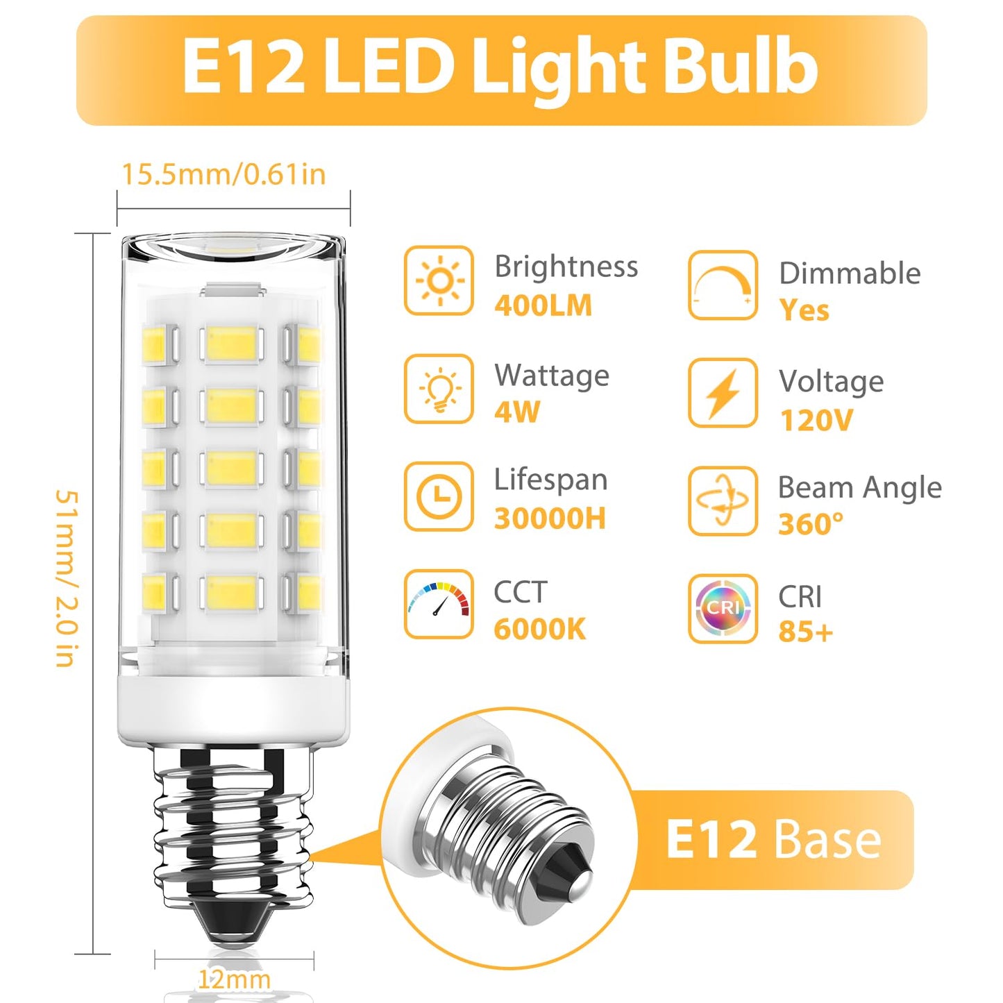 YUIIP Dimmable E12 LED Bulb 4W Equivalent 40W Halogen, 6000K Daylight White AC120V C7 E12 Candelabra Base Light Bulbs for Ceiling Fan Chandelier
