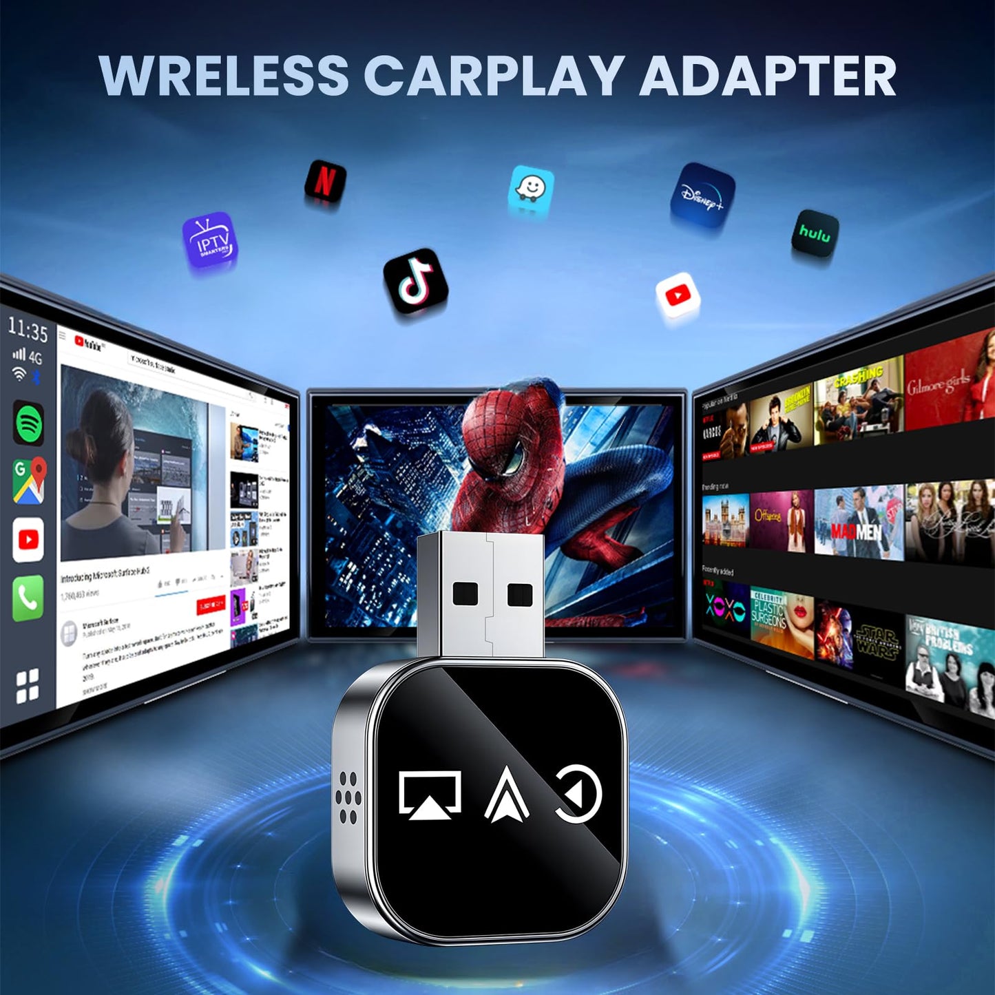 Wireless Carplay Adapter Screen Mirroring Adapter for Car Mirror Phone to Car Screen 2026 Auto Linker Pro 3 in 1 Bluetooth USB Apple Carplay