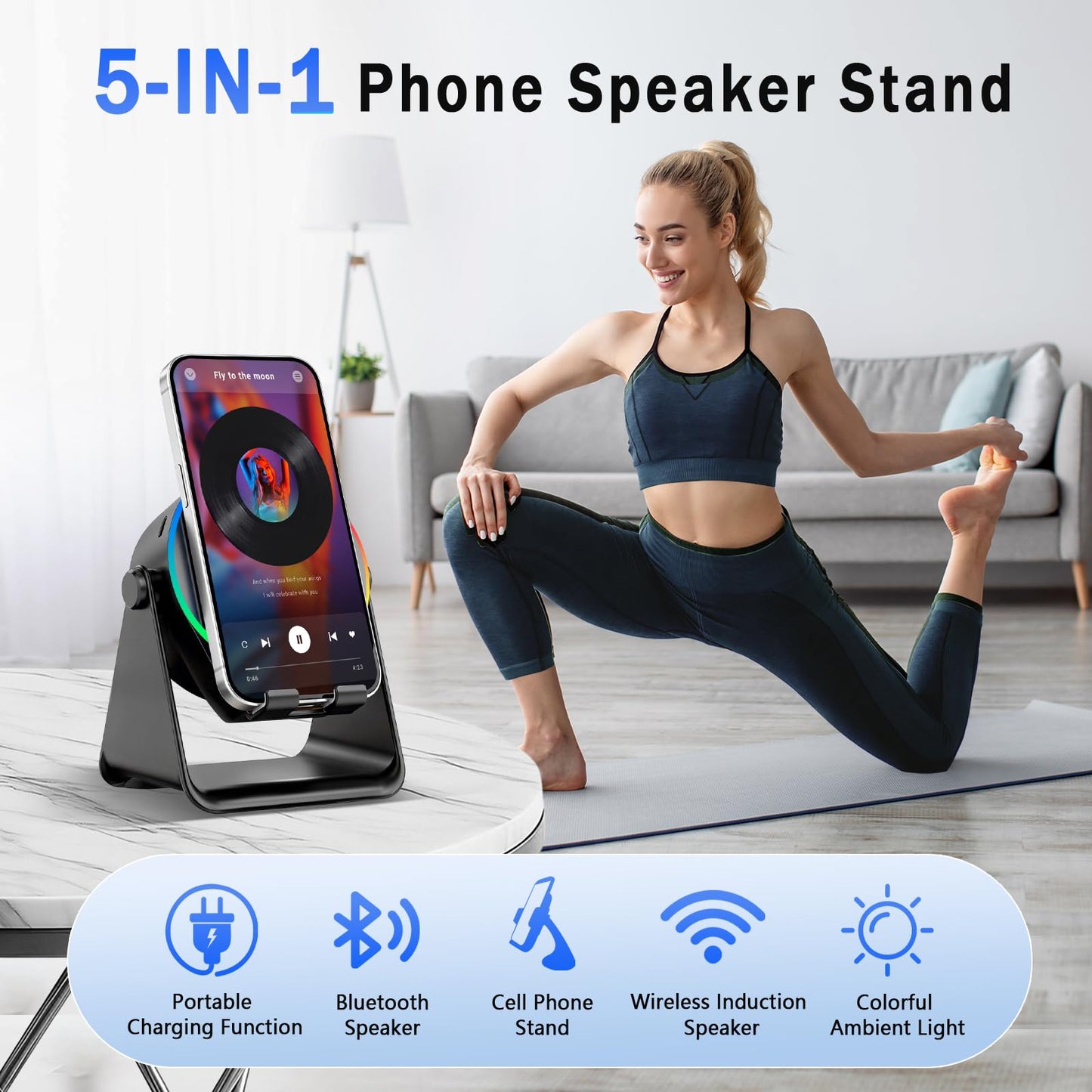 TEFELE Wireless Induction Speaker, 5-in-1 Bluetooth Speaker with Phone Holder, 360° Rotation & RGB Lights, HD Stereo Sound for iPhone/Samsung/Android