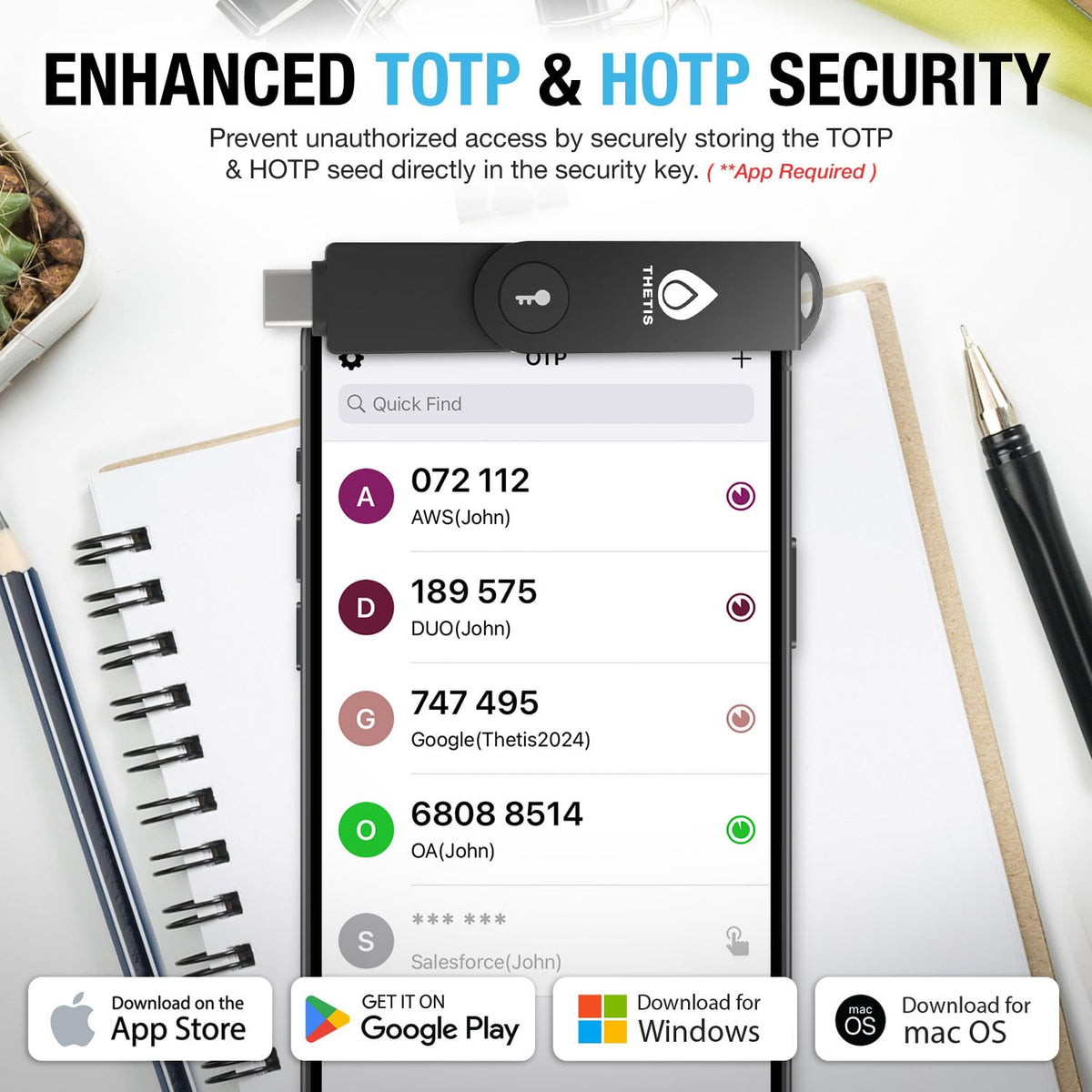 Thetis Pro-C FIDO2 Security Key Passkey Device with USB C & NFC, TOTP/HOTP Authenticator APP, FIDO 2.0 Two Factor Authentication 2FA MFA, Works