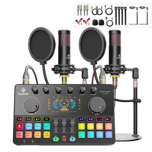Podcast Equipment Bundle for 2 with Dual 48V XLR Condenser Micophones with Mic Pop Filters Audio Equipment for Live Streaming/Recording, Online Gaming