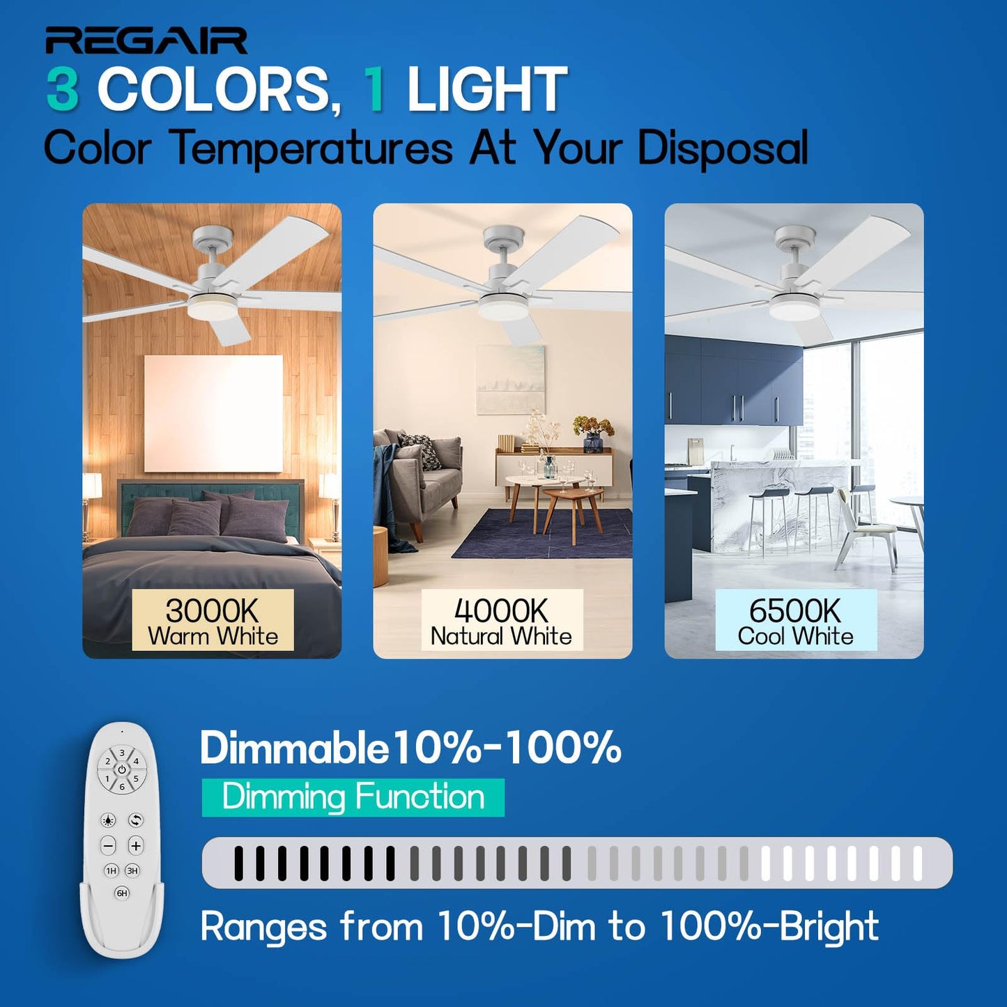 Regair Ceiling Fan With Light 52-Inch, Remote Control Reversible DC Motors, 3CCT Dimmable Timer Noiseless, Nickel Ceiling Fan for Bedroom Living Room