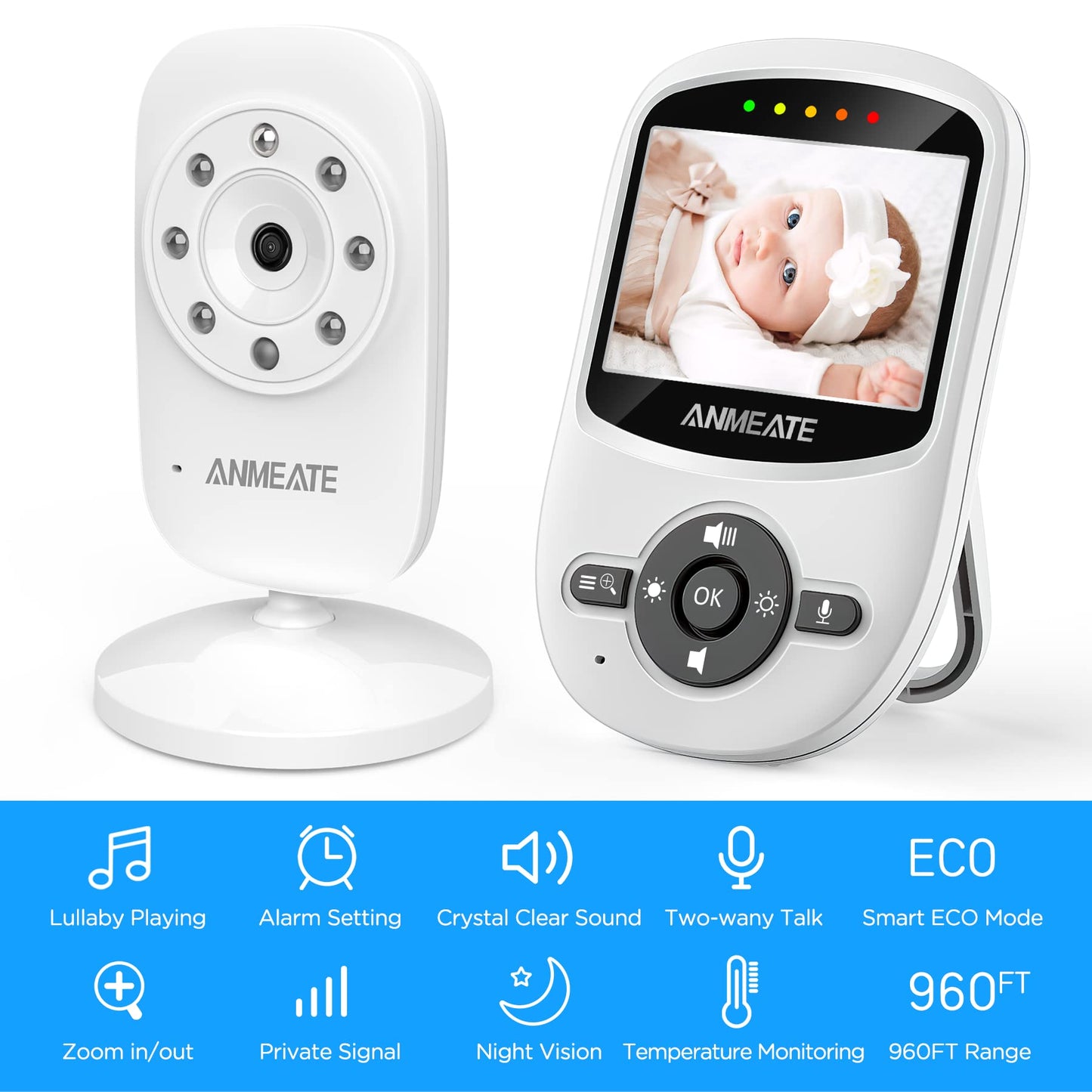 ANMEATE Video Baby Monitor with Digital Camera, Digital 2.4Ghz Wireless Video Monitor with Temperature Monitor, 960ft Transmission Range, 2-Way Talk