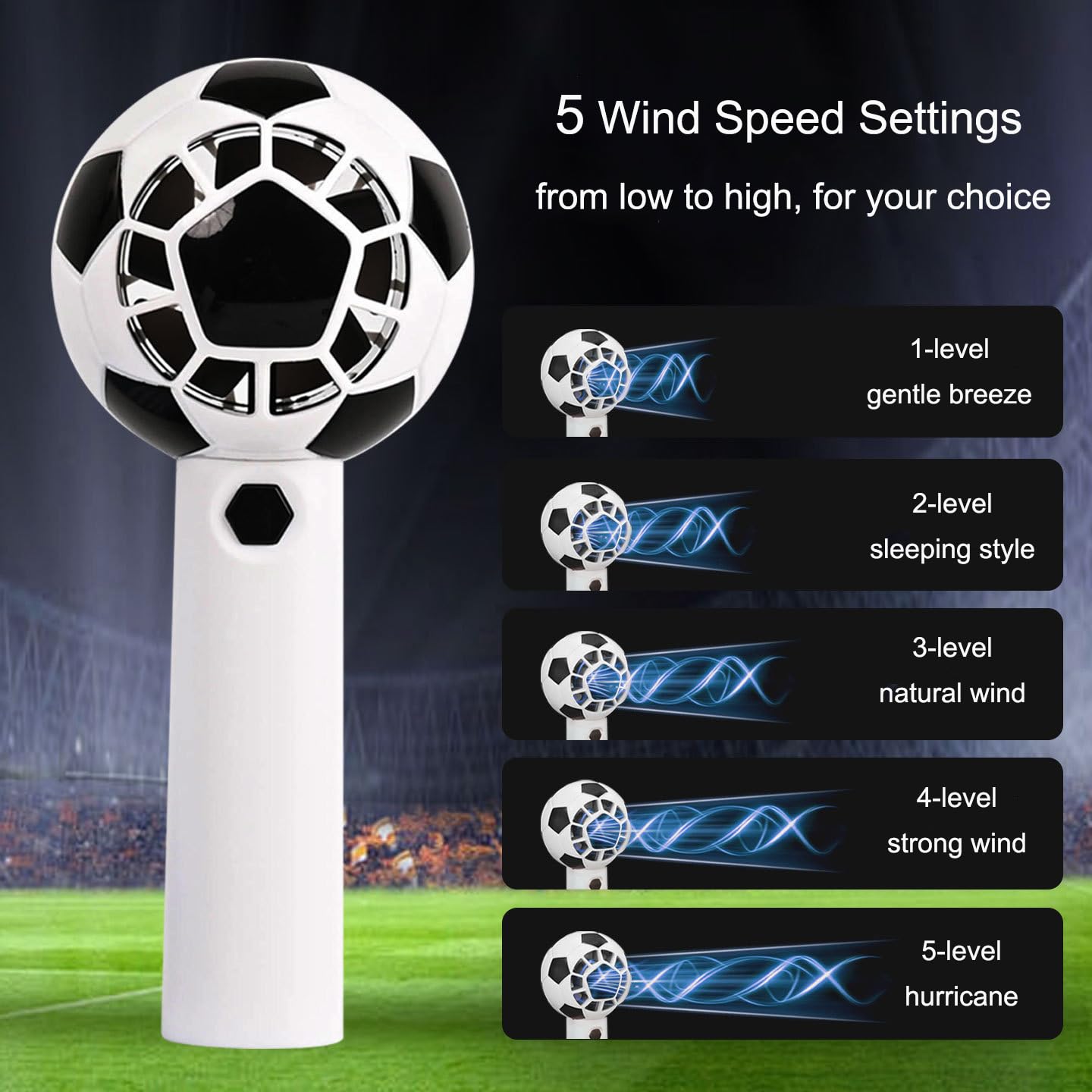 Foni Fox Handheld Mini Fan for World Cup 2026, Soccer Style Mini Fan & Stickers, 5 Speed Handheld Fan with Power Display Flashlight, Football Shaped