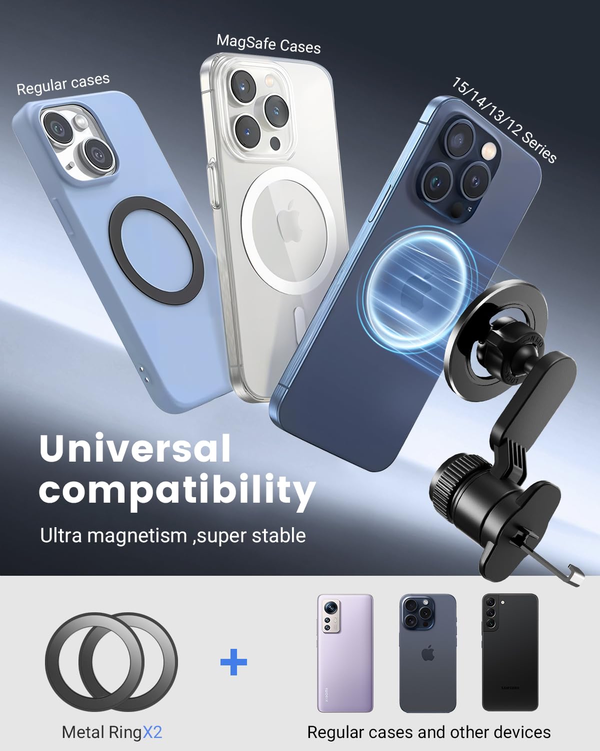 Vpryhuan Vent Phone Holder for Your Car, Magnetic Air Vent Mount 360° Rotatable with Metal Ring, One-Hand Use for iPhone 16/15/14/13/12 (4.3-7.6")