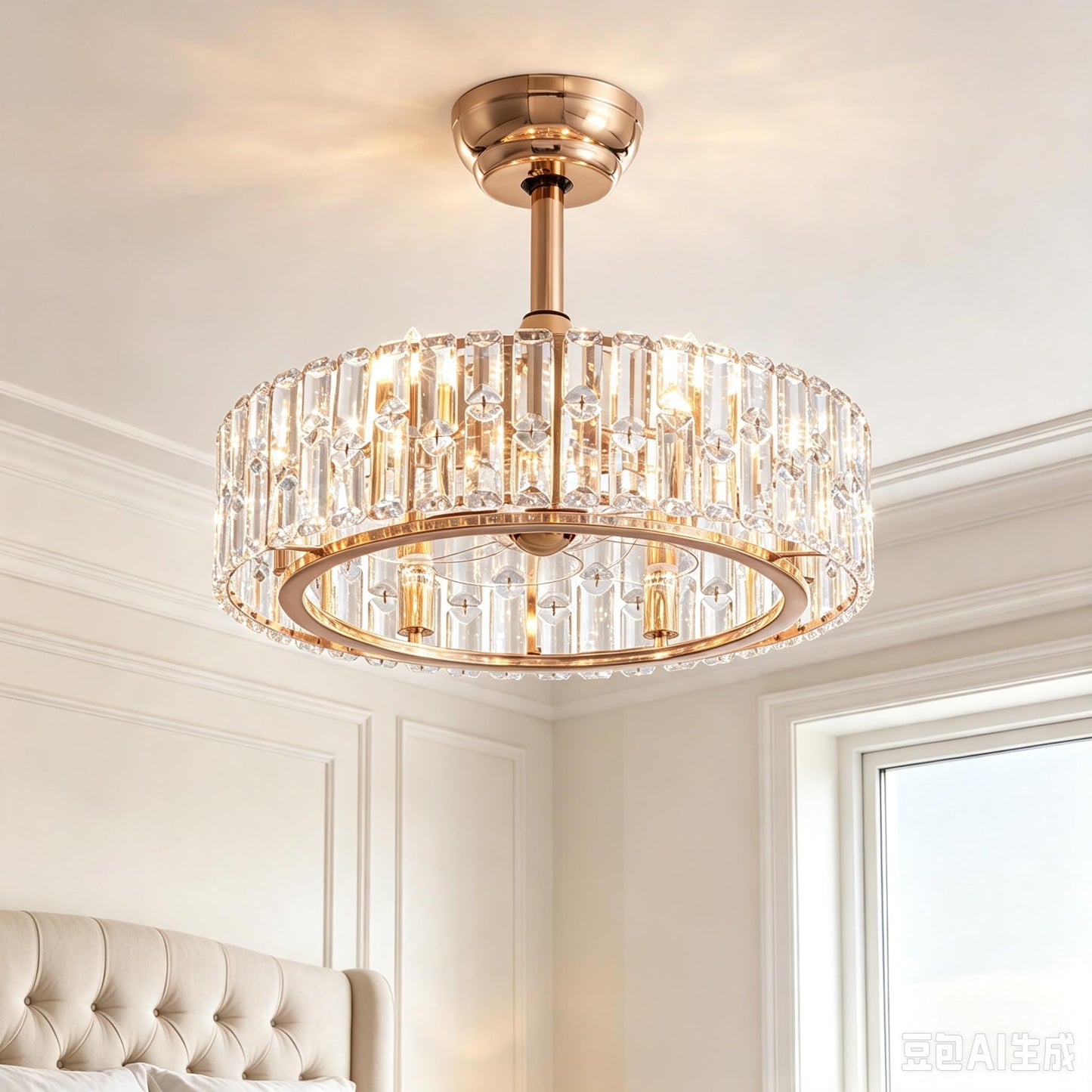 Siljoy Modern Gold Caged Crystal Ceiling Fans with Lights and Remote, 20''