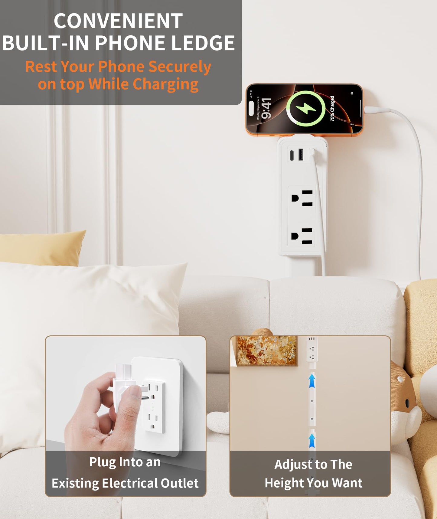 Electrical Outlet Extender Stick Features 2 USB-A, USB-C and 2 AC Outlets, Extendable 6", 15.3", 24.5", 34", for Hard to Reach Spaces Use Behind