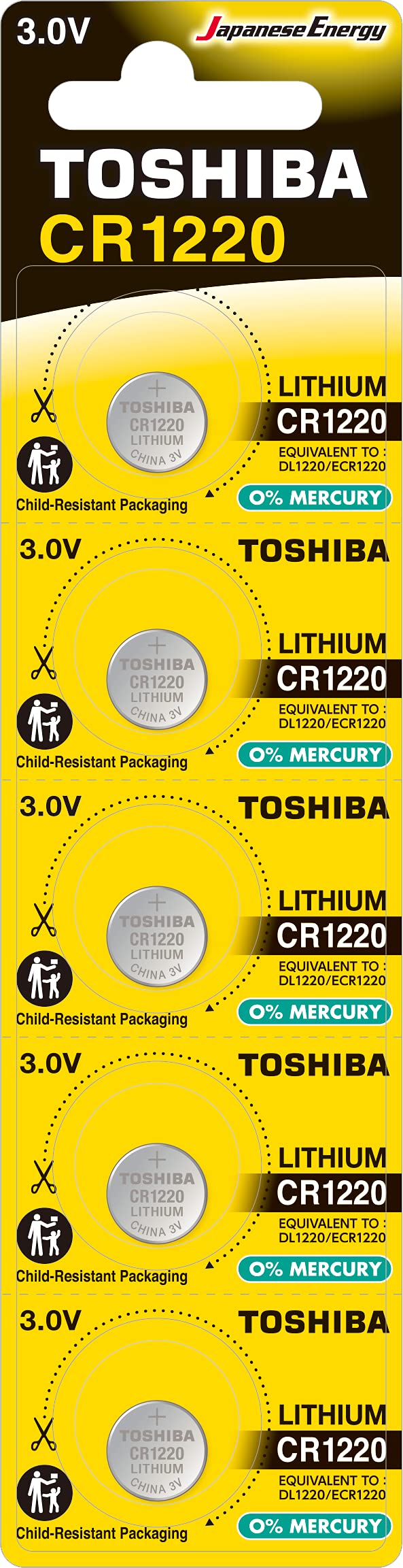 TOSHIBA CR1220 3V Lithium Coin Cell Battery 5 Batteries in Strip Child-Resistant Packaging