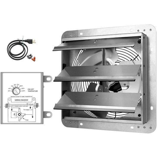 Simple Deluxe 12 Inch Wall Mounted Shutter Exhaust Fan with Temperature Controller and Power Cord Kit, Aluminum, 1600 RPM, 940 CFM, for Attic, Garage