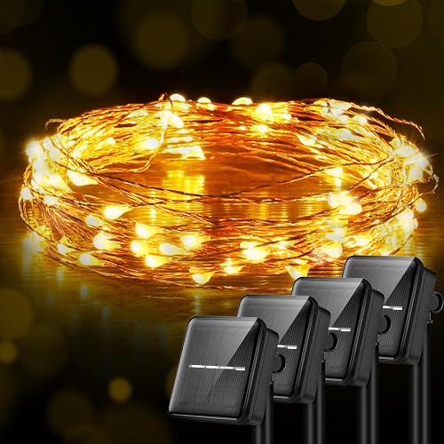 Ariceleo Solar String Lights, 4 Pack, 33 Ft, 100 LED Copper Wire, Warm White, 8 Lighting Modes, Waterproof, Outdoor and Indoor Use, for Garden, Patio
