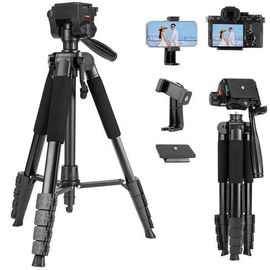 Fotopro 69'' Camera Tripod Lightweight Portable Travel Tripod for Camera and Phone with Detachable 3-Way Pan Head Phone Stand for Video Recording