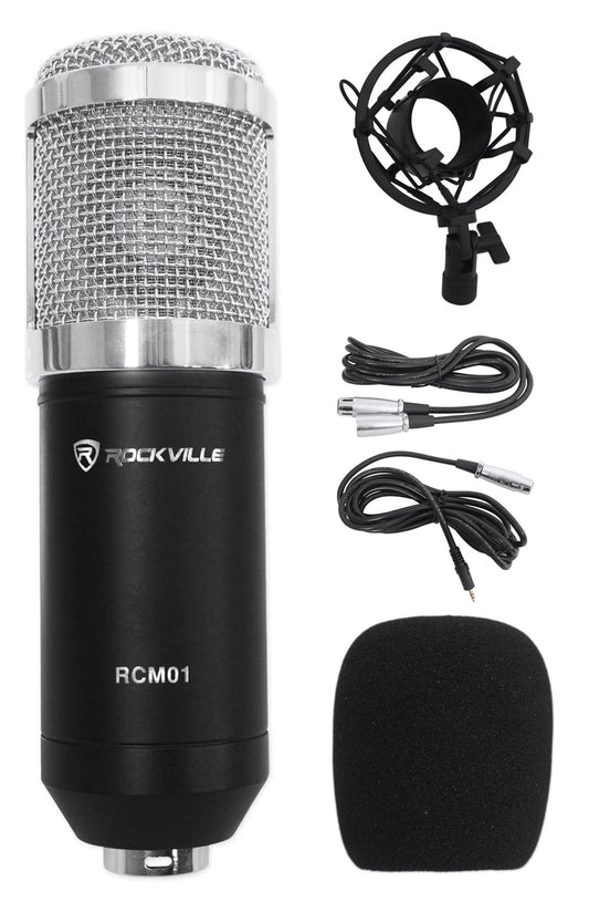 Rockville RCM01 Pro Studio Condenser Microphone, 200 Ohm, Cardioid Pattern, Metal Shock Mount, 30Hz-20kHz Frequency, XLR and 3.5mm Cables, for Vocals