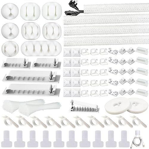 DRIVUU White Cable Management Organizer Kit 4 Cable Sleeve Split,47Cable Clips 12Cord Clips Holder,22 Cable Ties, 20 Adhesive Wall Cable Tie