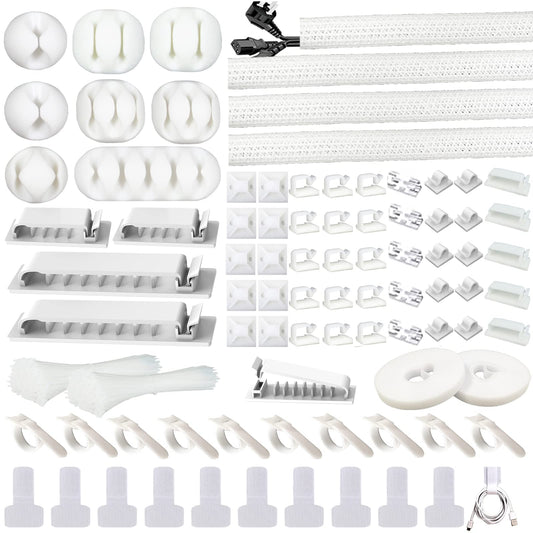 DRIVUU White Cable Management Organizer Kit 4 Cable Sleeve Split,47Cable Clips 12Cord Clips Holder,22 Cable Ties, 20 Adhesive Wall Cable Tie
