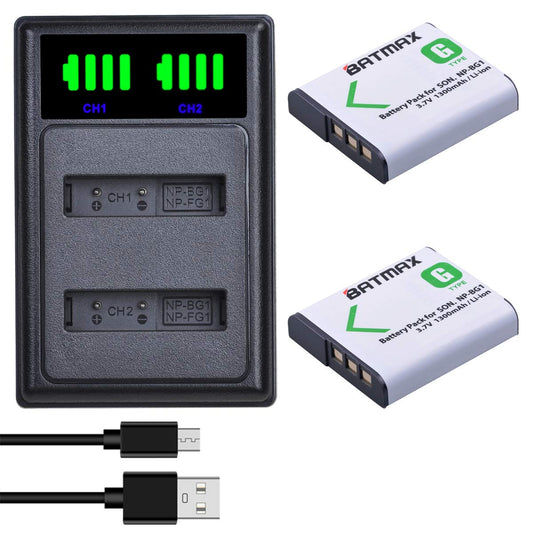 Batmax 2pcs NP-BG1 Battery + LED USB Dual Charger with Type C Port for Sony NP-BG1 SONY DSC-H3 DSC-H7 DSC-H9 DSC-H10 DSC-H20 DSC-H50 DSC-H55 DSC-H70