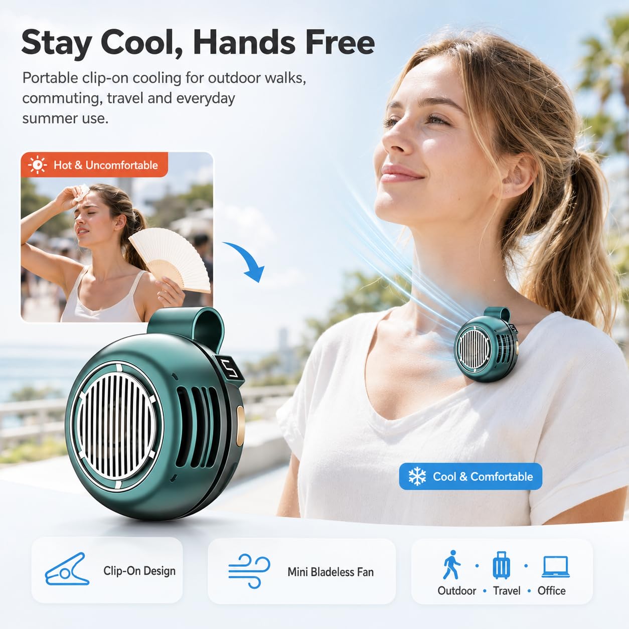 rmipwuab Portable Mini Bladeless Fan Clip On, Upgraded Hands-Free Personal Silent Cooling Fan with LED Display, 5 Speeds, 360° Adjustable Airflow, USB