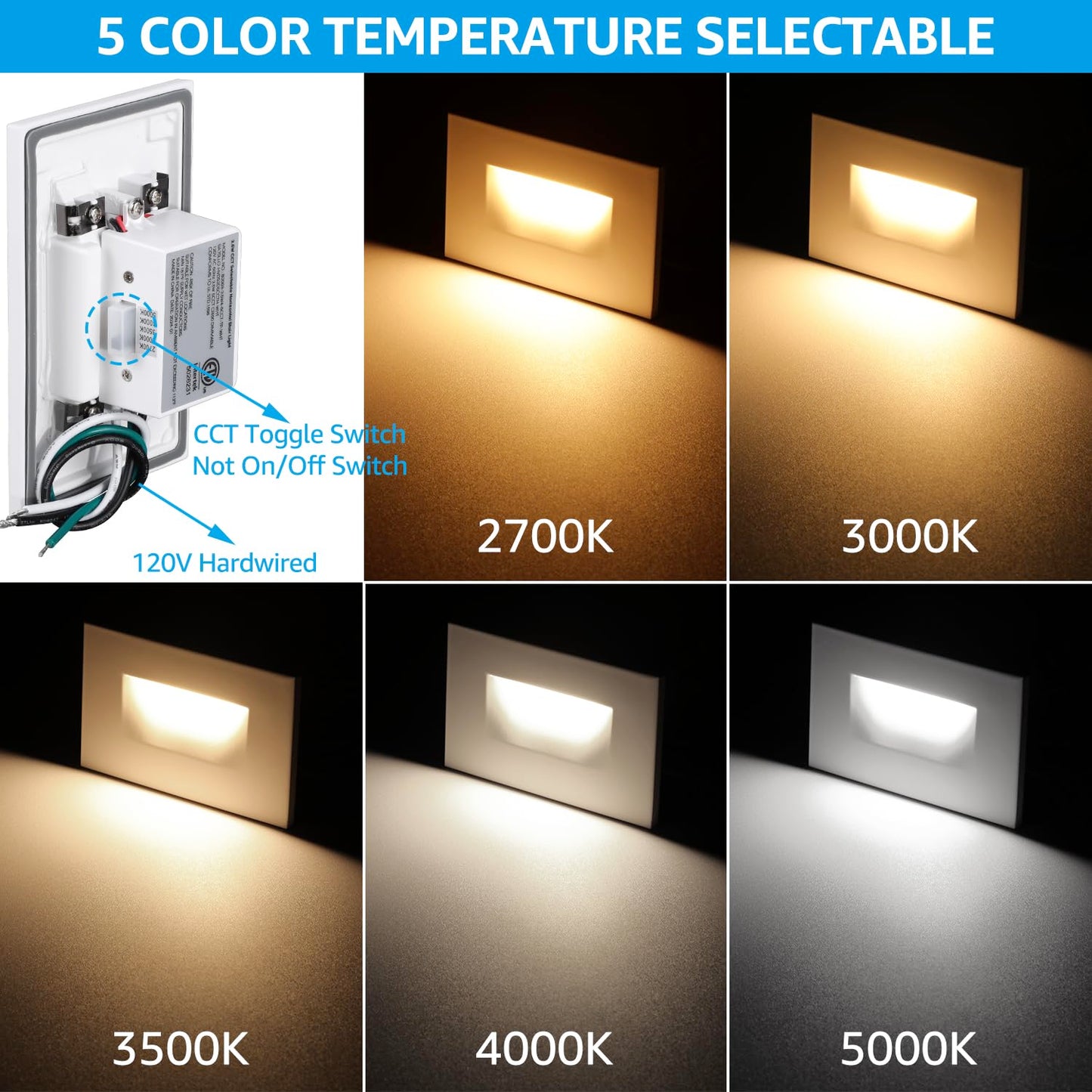 LEONLITE 5CCT 120V LED Step Lights, 3.5W 5%-100% Dimmable Stair Lights Indoor Outdoor Wet Location, CRI90, ETL, Aluminum, 150LM, Horizontal