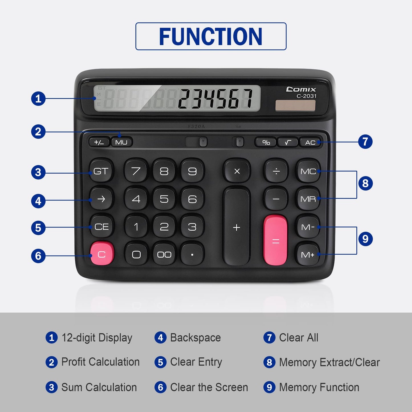 Comix Desk Calculator with 12 Digits Large LCD Display, Solar Battery Dual Power, Large Computer Keys Basic Calculator for Home Office School
