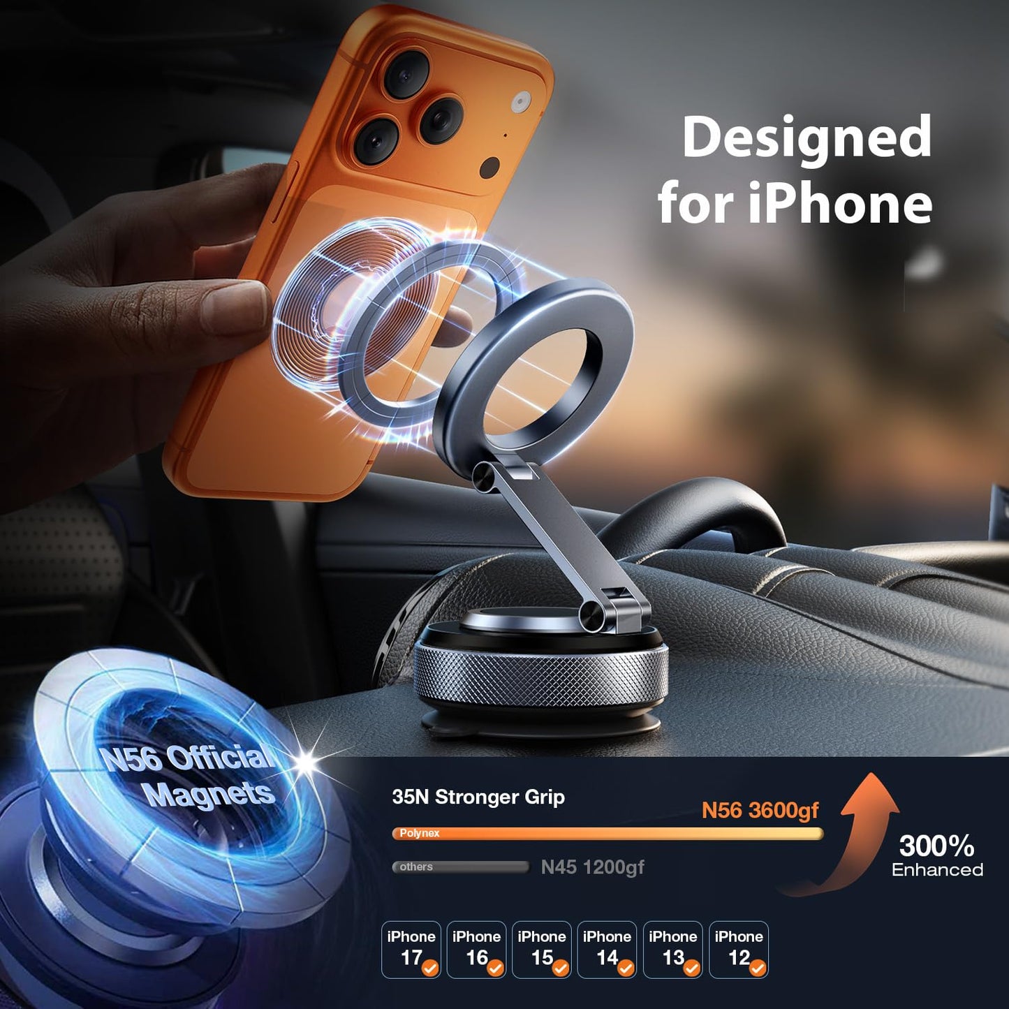Polynex Magnetic Phone Holder for Car, Aerospace Aluminum iPhone Mount with 3200gf Magnet & 80LBS Vacuum Suction, 360° Adjustable Car Phone Mount