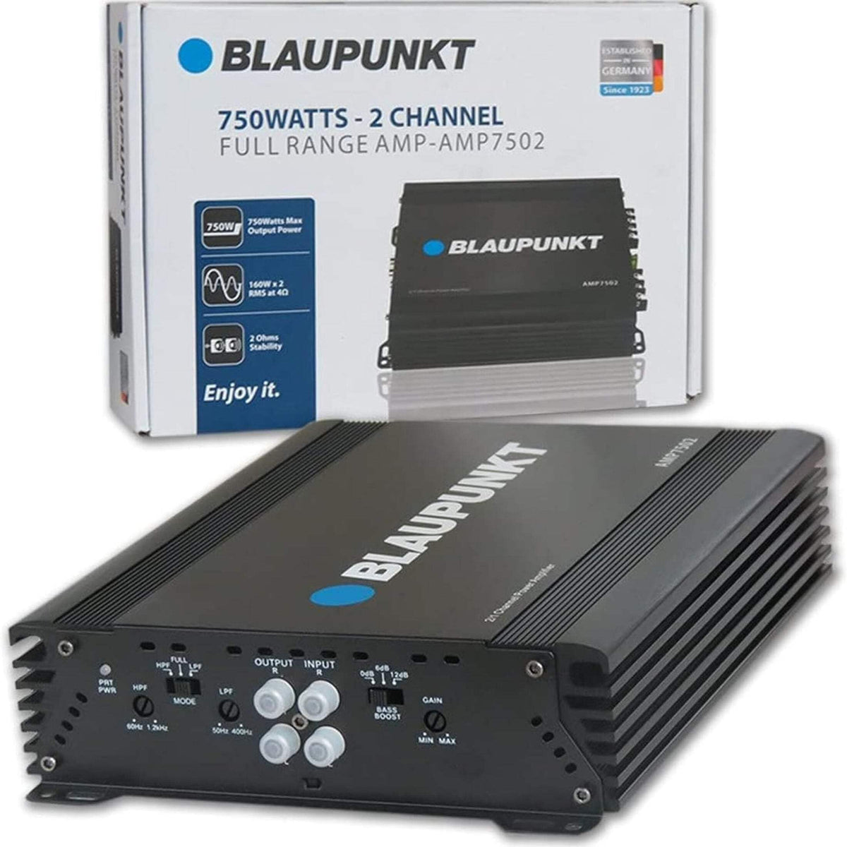 Blaupunkt AMP-7502PRO 750W 2-Channel Amplifier Class AB - Compact Slim Design, Full Range, Crossover, Gain Adjustable