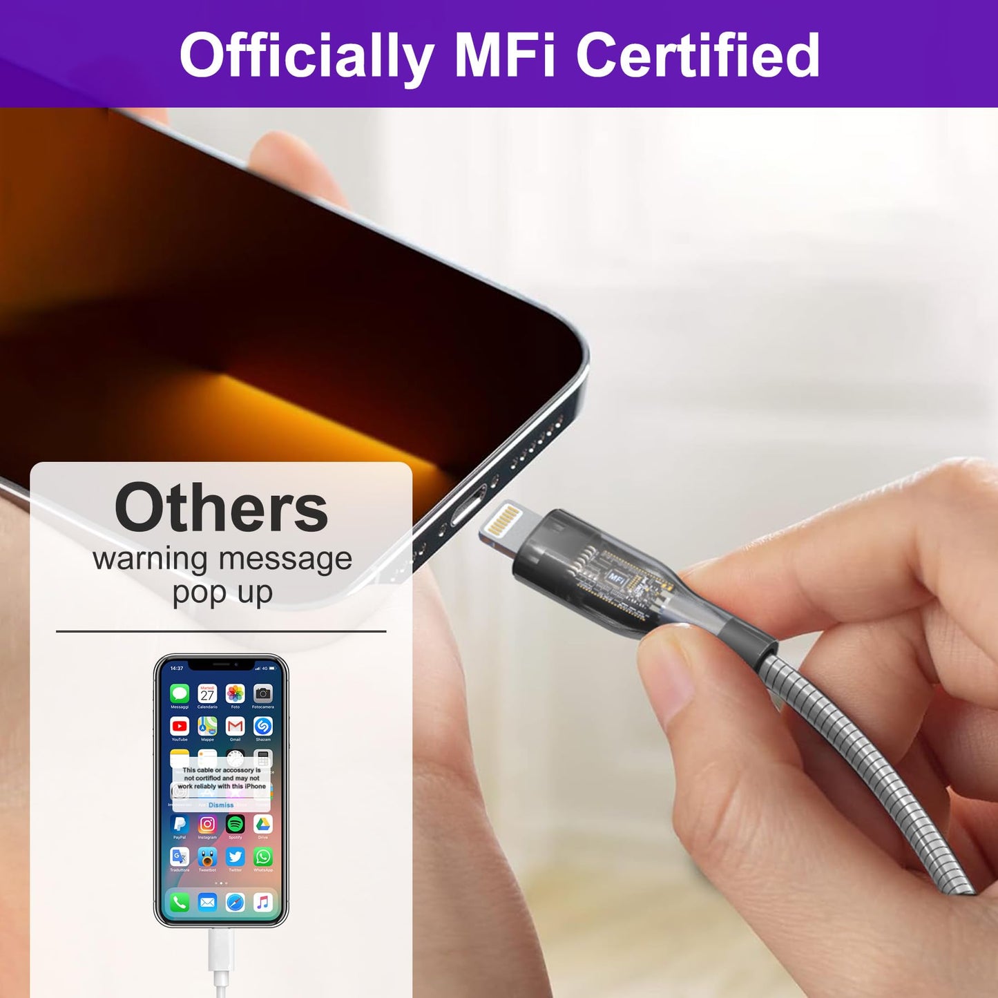6FT Chew Proof iPhone Charger Cord - MFi Certified Silver Metal Braided USB to Lightning Cable, Metal Dog Cat Chew Proof iPhone Charging Cord…