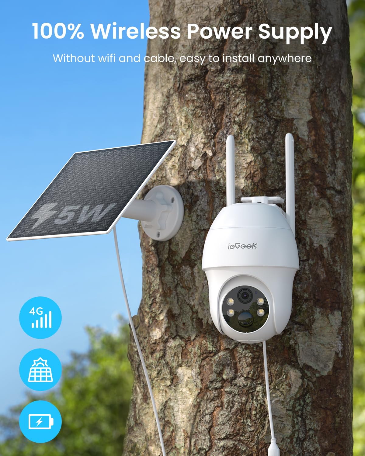 ieGeek 4G LTE Cellular Security Camera Wireless Outdoor, No WiFi Battery Powered Cameras with Solar Panel, 2K HD Color Night Vision, 2-Way Audio, 360°
