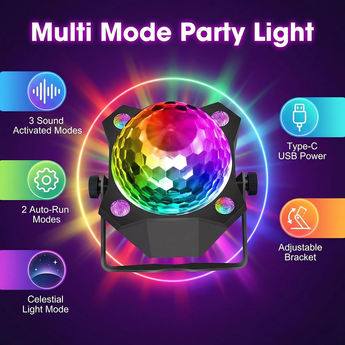 Disco Ball Party Lights Sound Activated Strobe DJ Stage Lighting 2 in 1 Glow Party Black Light for Home Room Dance Parties Birthday Karaoke Halloween