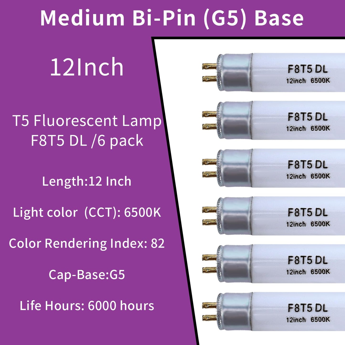 Accway (6 Pack) F8T5/DL 6500K 12’’ Linear Fluorescent Light Bulb, 8W Day Light T5 Tube, F8T5/D Bright White Lamp G5 Base Replacement for Under Cabinet