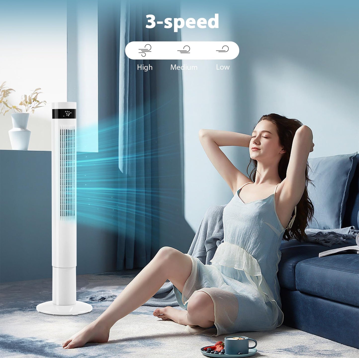 Antarctic Star Tower Fan Portable Electric Oscillating Fan Quiet Cooling Remote Control Standing Bladeless Floor Fans 3 Speeds Wind Modes Timer
