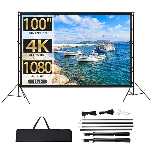 Projector Screen with Stand, Towallmark 100 inch Portable Projection Screen, 16:9 4K HD Rear & Front Projections Movies Screen with Carry Bag,
