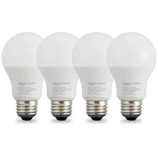 Amazon Basics Smart A19 LED Light Bulb, Dimmable Soft White (2700K), 9W (60W Equivalent), 800LM, Energy Efficient, Works with Alexa Only, 2.4 GHz