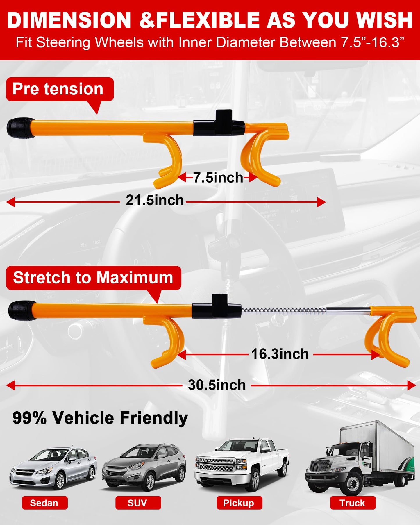 Tevlaphee Car Steering Wheel Lock Great Deterrent Adjustable Car Lock Steering Wheel Anti Theft Car Device for Vehicles,Trucks,Vans,SUVs (Yellow)
