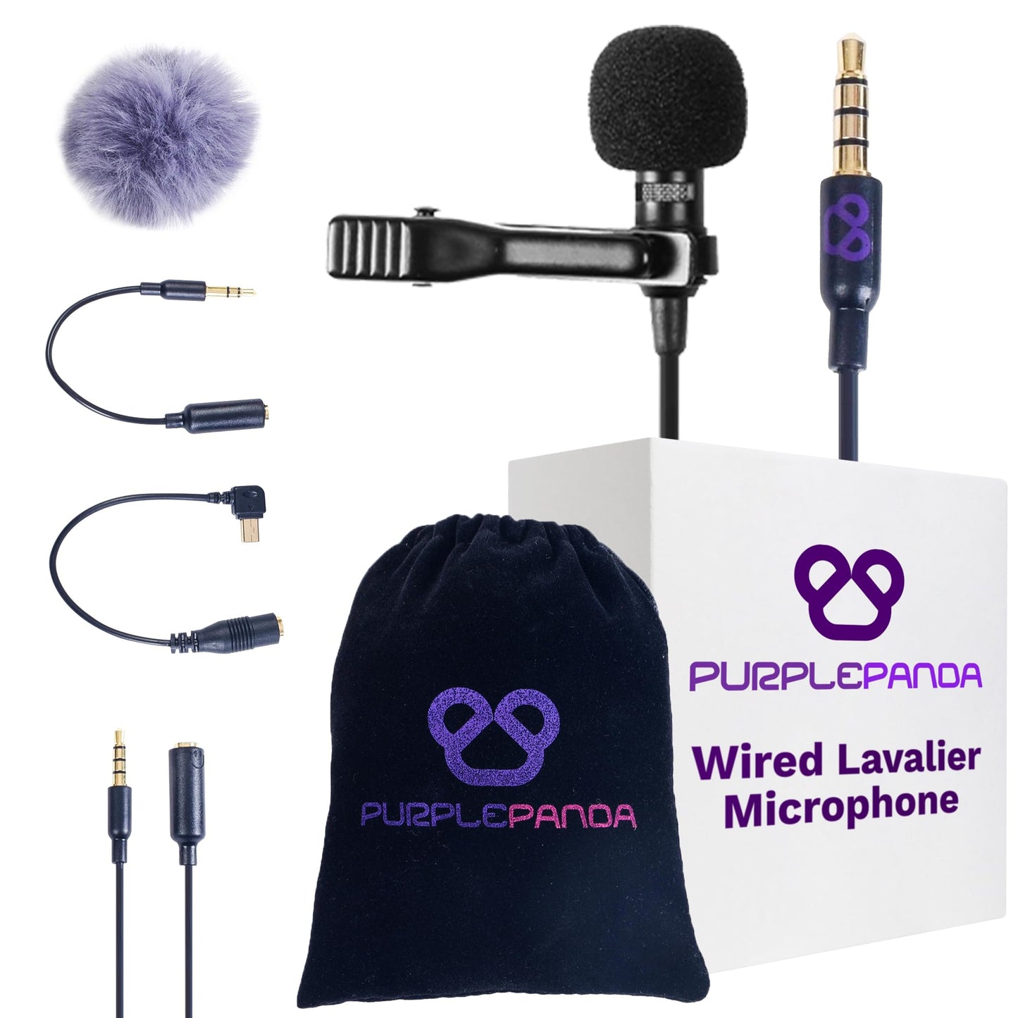 Purple Panda Wired Lavalier Microphone Omnidirectional - Attachable Lapel Mic Compatible with GoPro, DJI, Insta360, Tablet, iPad, DSLR, Camera, Ideal