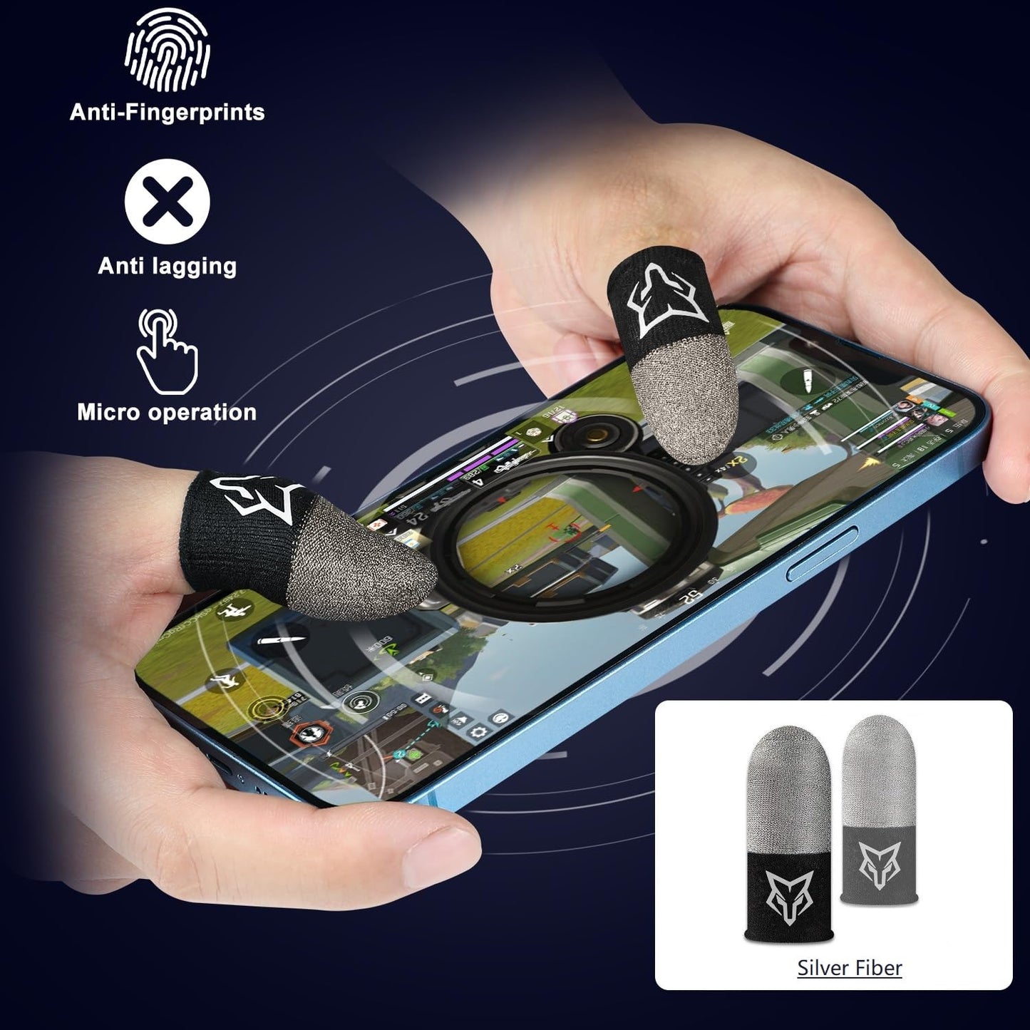 Improved Conductive Mobile Game Trigger Clip Design, Combo 2in1 with Silver Fiber Thumb Gloves, 6 Finger Shoot for All Phone, for PUBG/Fortnite/COD