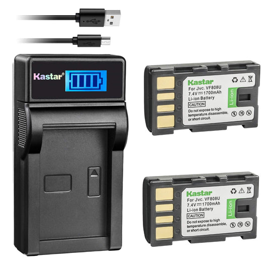 Kastar Battery (X2) & Slim LCD Charger for JVC BN-VF808 BN-VF808U BN-VF815 BN-VF823, Everio GZ-MG130 GZ-MG330 GZ-HD7 GZ-HM30 GR-D745 Series Camcorders