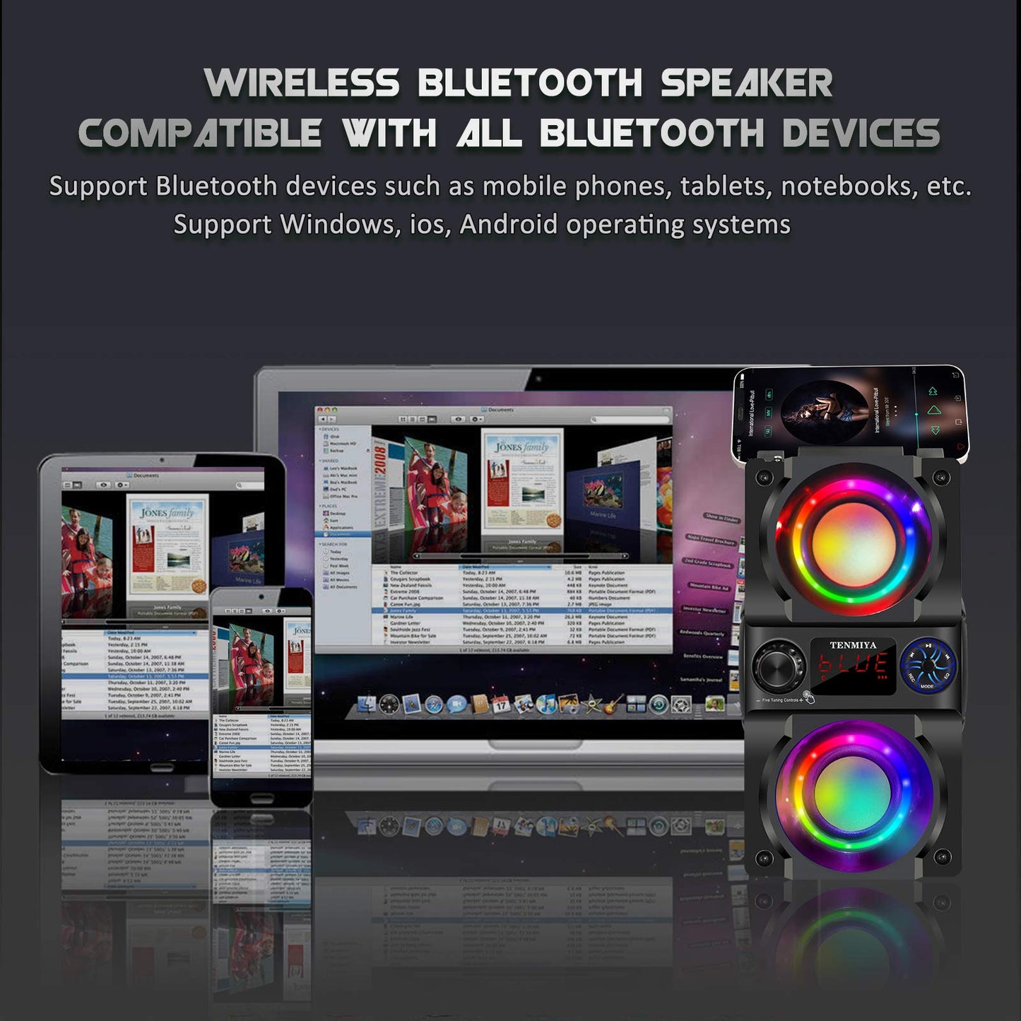 Bluetooth Speaker, 40W (60W Peak) Portable Wireless Speaker with Colorful Lights, Double Subwoofer Heavy Bass, FM Radio, MP3 Player, Bluetooth 5.0