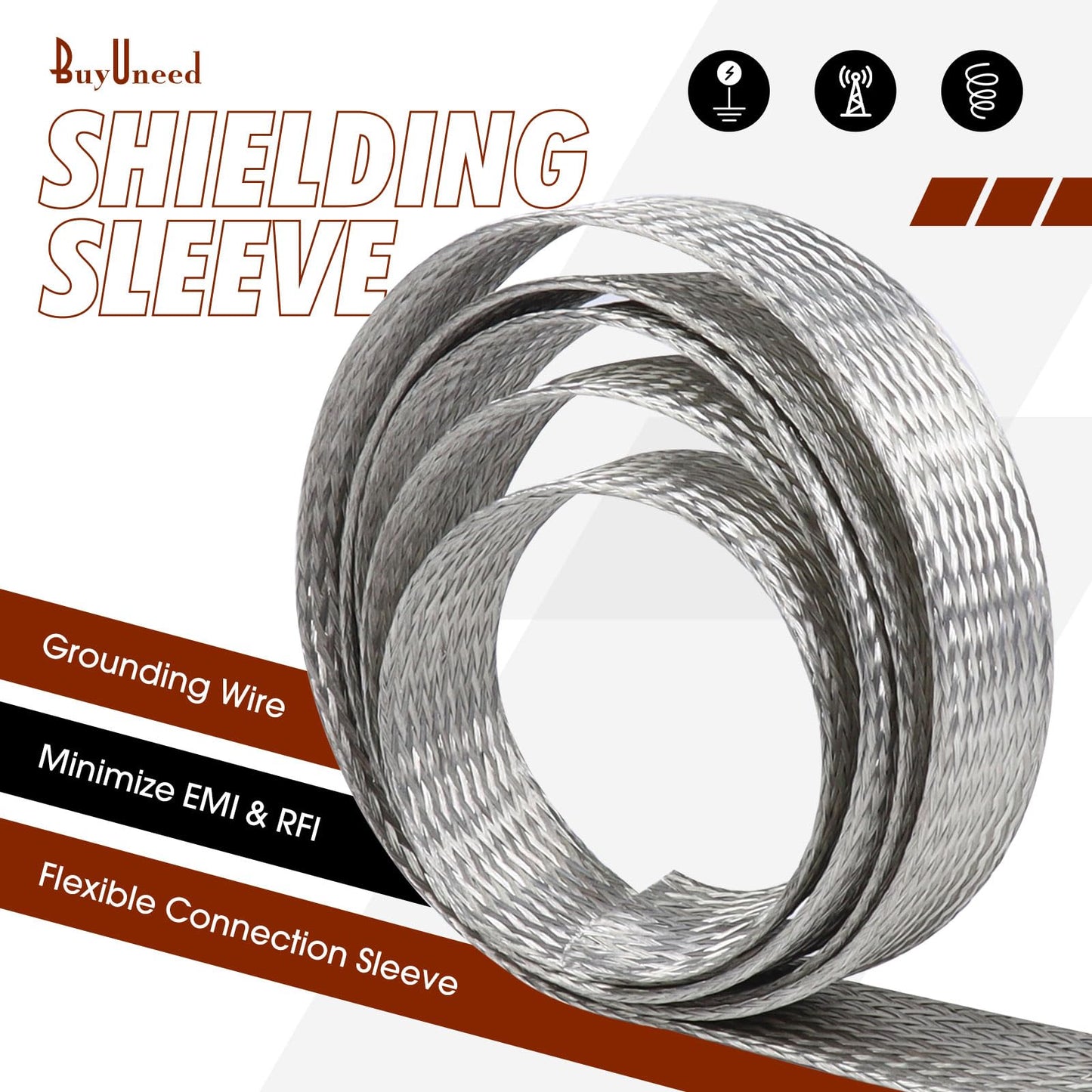 Wire Shielding Sleeve Tinned Copper Braid Ground Straps Cable Sheathing Protection Flat Metal Mesh Flexible Expandable (1/4 in Wide(0.16 in Dia)-15ft)