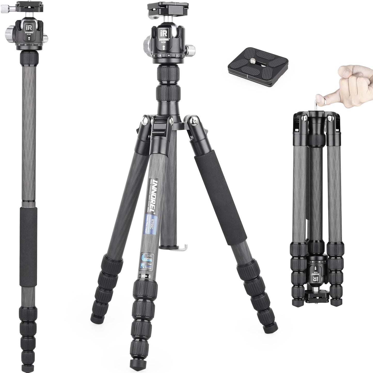 INNOREL 62 inches 10 Layers Carbon Fiber Camera Tripod Monopod with 360 Degree Low Gravity Center Ball Head, two 1/4 inch Quick Shoe Plates, Carry Bag