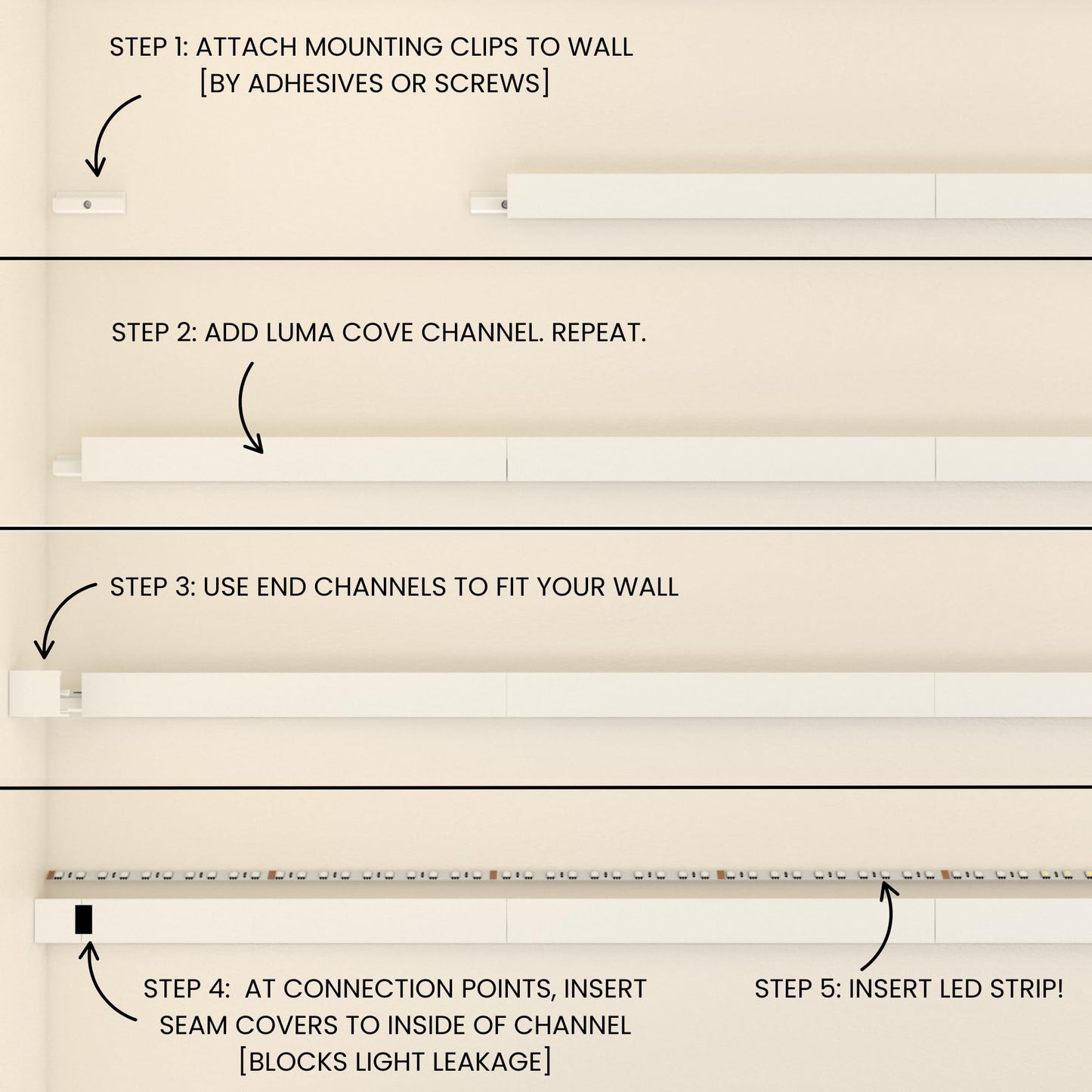 Luma Cove The 8.2FT/2.5M Modular Channel Assembly Kit for The Concealment of LED Strip Lighting Surface Mounted Cove Light Baseboard Uplight Wall