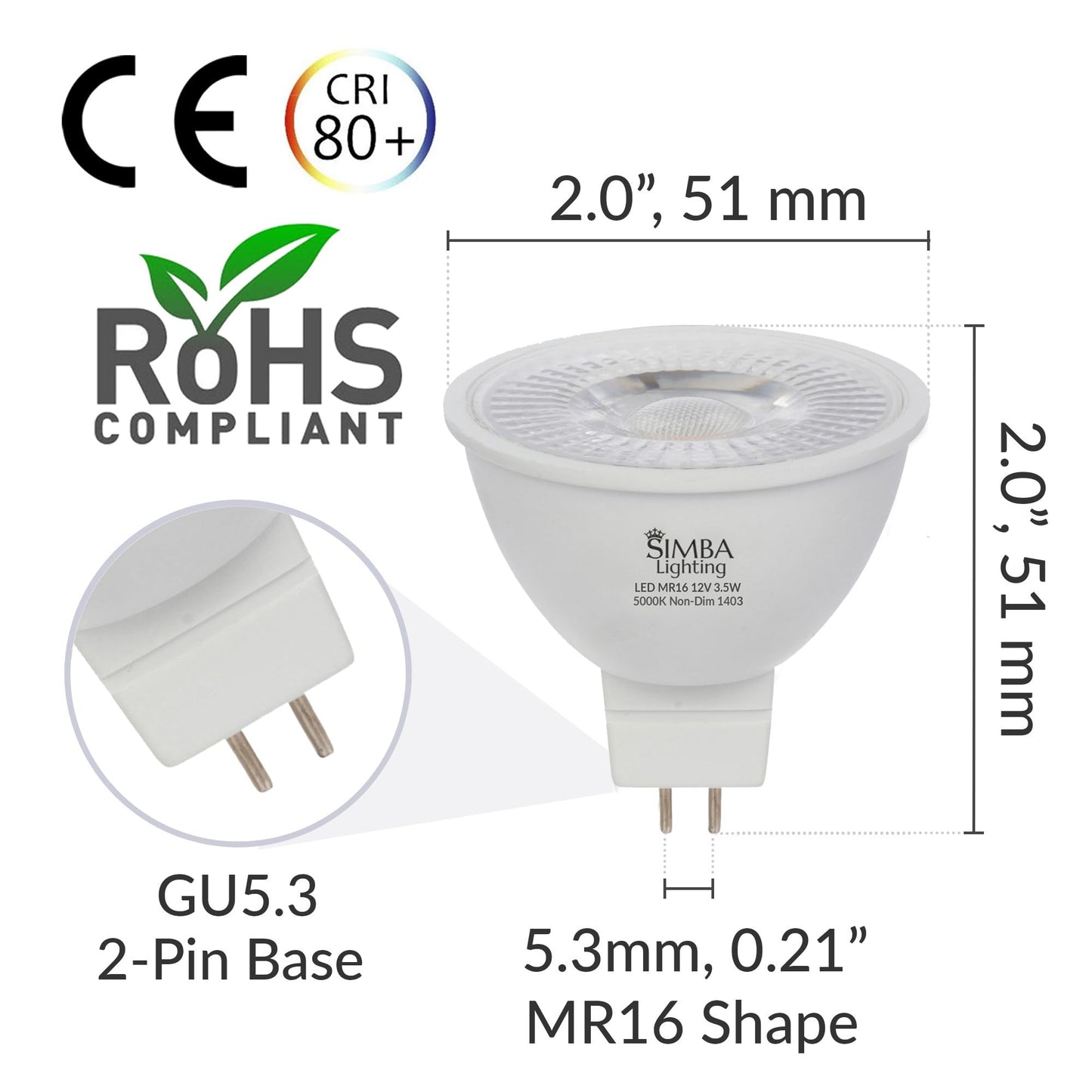 Simba Lighting LED MR16 3.5W 12V Light Bulb GU5.3 Bipin Base 5000K, 10 Pack