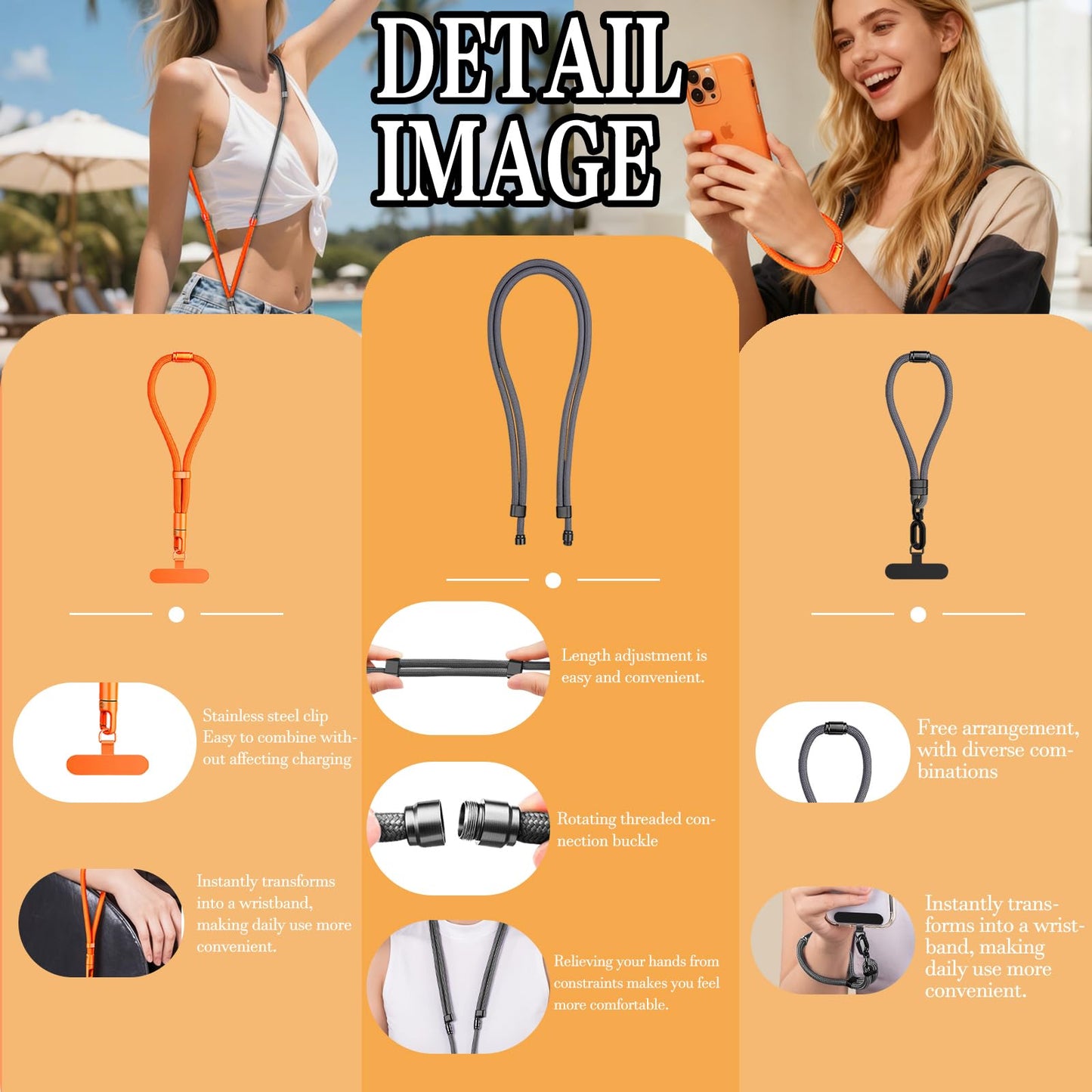 RHRTBX 3-In-1 Phone Lanyards 1 Pack and Wrist Strap 1 Pack with 2 Pcs Metal Lanyard Patch-Phone Lanyards for Crossbody with Adjustable Neck Lanyard