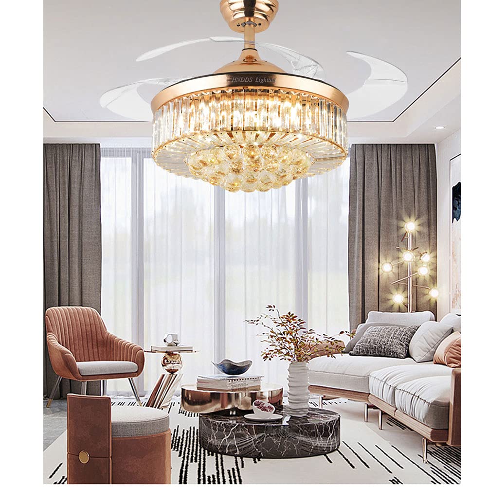HNDDS Lighting 42" Crystal Ceiling Fan Chandelier with Remote,Retractable Blade Ceiling Fan with Lights,Modern LED Fandelier with Fixture Kits 3-Color