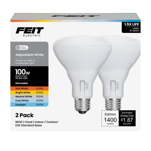 Feit Electric BR30 LED Light Bulb 5CCT Dimmable - 100W Equivalent 2 Pack