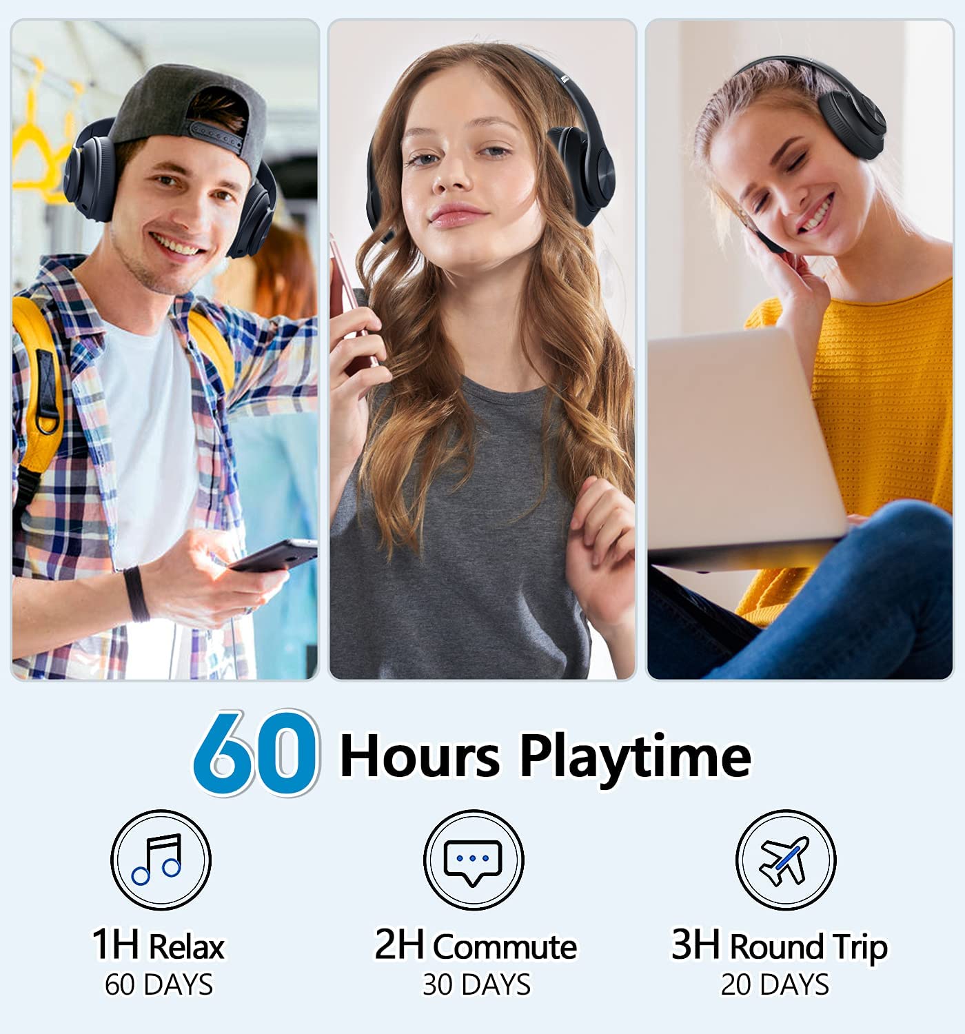Bluetooth Headphones Over Ear, 60 Hours Playtime Foldable Headphones Wireless Bluetooth Hi-Fi Stereo Deep Bass with 6 EQ Modes, Adjustable…
