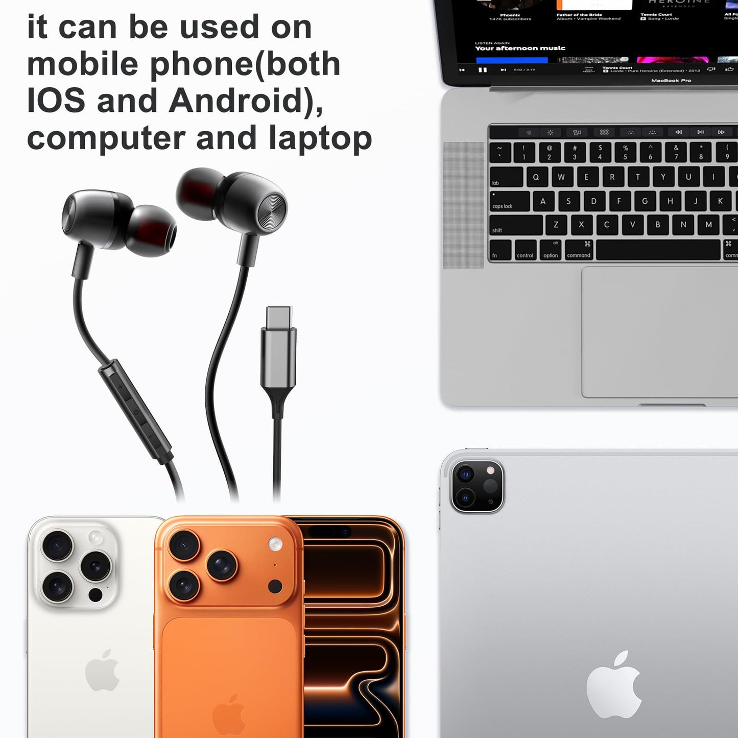USB C Headphones for Samsung S24 S23 FE S22 S21 S20 A53 A54 Wired Earbuds Metal in-Ear Type C Earphone with Microphone Volume Control Bass Stereo
