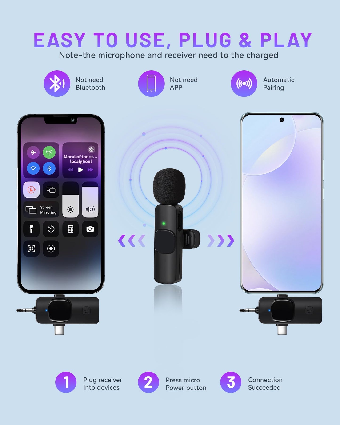 ???????? 3 in 1 Wireless Lavalier Microphones for iPhone, iPad, Android, Camera, 7-Hour Battery, Mini Microphone with Noise Reduction for Video Recording