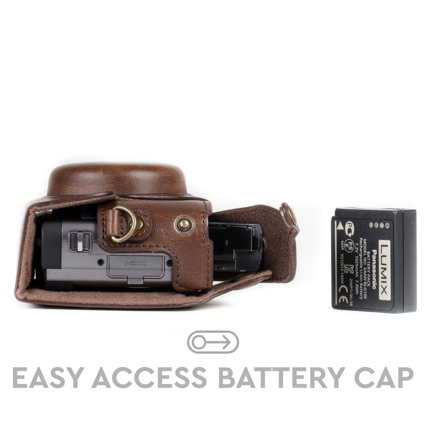 MegaGear MG1259 Ever Ready Leather Camera Case compatible with Panasonic Lumix DC-ZS80, DC-ZS70, DC-TZ95, DC-TZ90 - Dark Brown