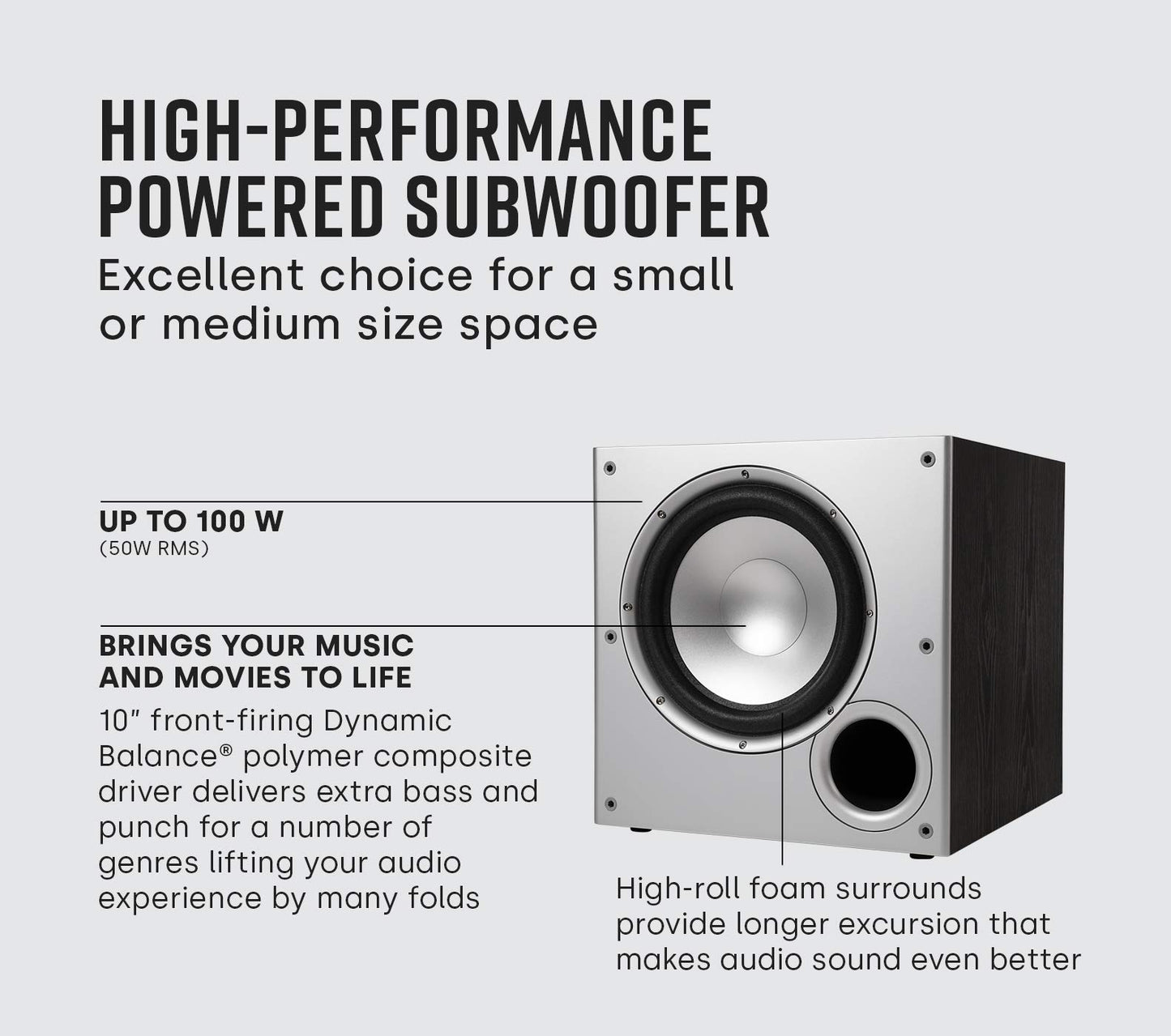 Polk Audio PSW10 10" Powered Subwoofer Home Audio - Power Port Tech, Up to 100 Watts, Big Bass in Compact Design, Easy Setup with Home Theater