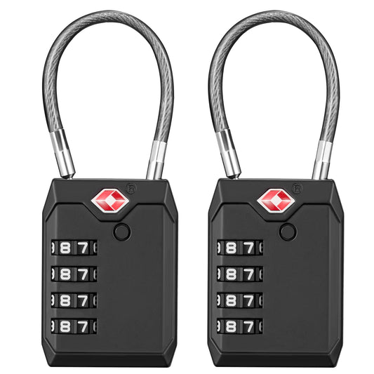 Puroma TSA Approved Luggage Locks 2 Pack – 4-Digit Combination Cable Travel Padlocks for Suitcases, Bags, Backpacks & Gym Lockers (Black)