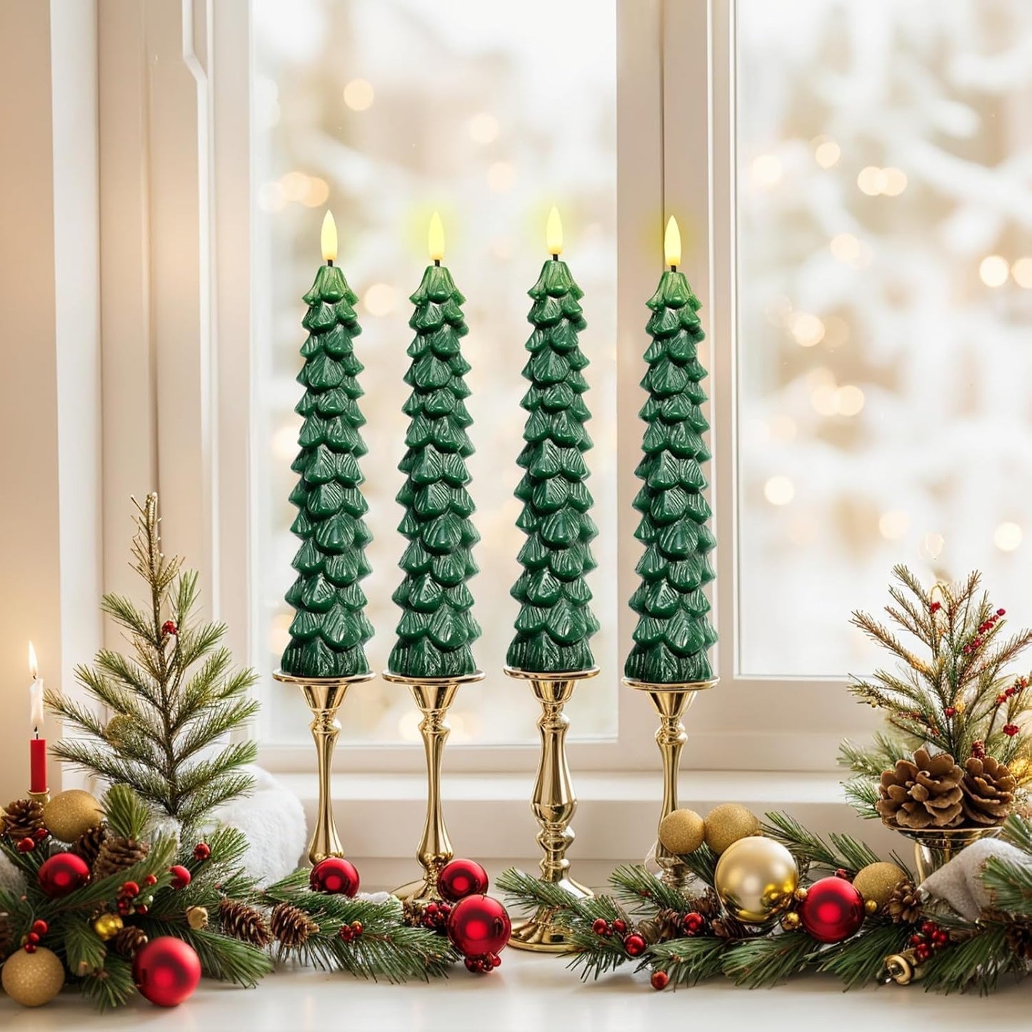 HDCooL 4PCS Christmas Tree Candles, 9.7 Inch Flameless Taper Candles with Remote and Timer, LED Battery Operated Taper Candlesticks with 3D Flickering